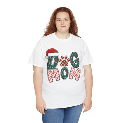 Woman wearing white Christmas Dog Mom Tee with festive dog-themed lettering and Santa hat design