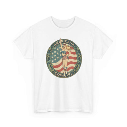 White t-shirt with vintage Americana cowgirl emblem featuring a pin-up style cowgirl and distressed American flag design.