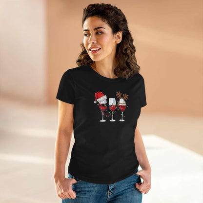 Woman wearing black Wine Glasses Christmas T-Shirt featuring festive wine glasses with Santa hat and reindeer antlers design