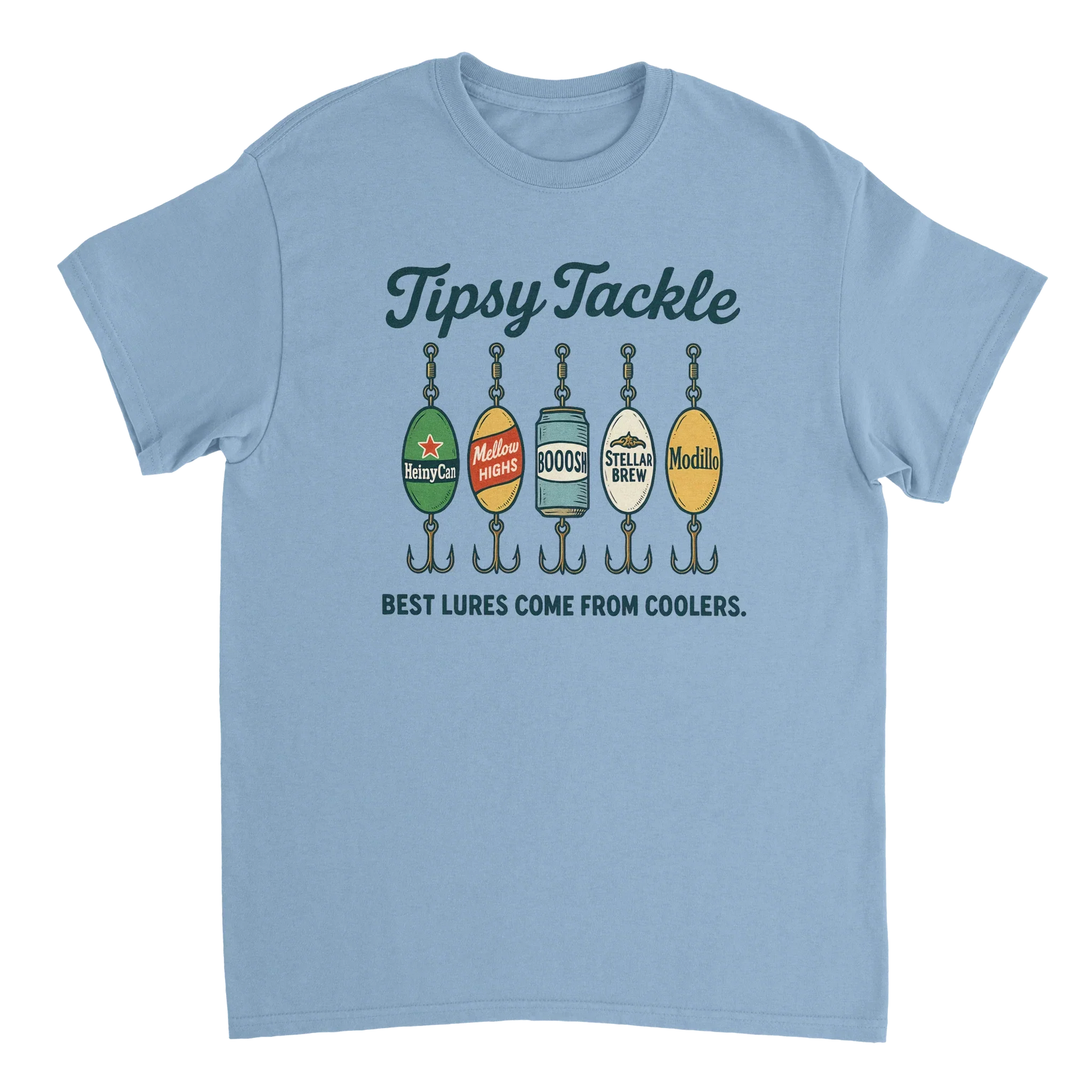 Light blue Tipsy Tackle T-Shirt with fishing lure designs and "Best lures come from coolers" slogan