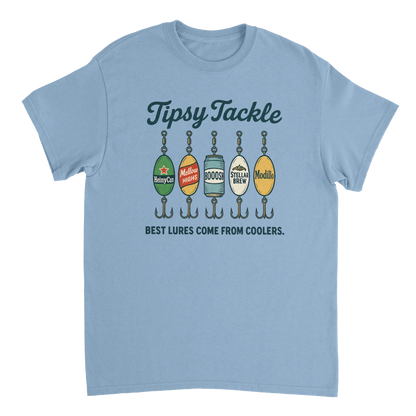 Light blue Tipsy Tackle T-Shirt with fishing lure designs and "Best lures come from coolers" slogan