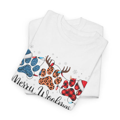 White "Merry Woofmas" Christmas tee featuring festive paw prints with buffalo plaid, leopard spots, Santa hats, antlers, and Christmas lights design