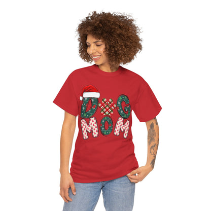 Woman wearing red Christmas Dog Mom Tee with festive holiday design and Santa hat graphic