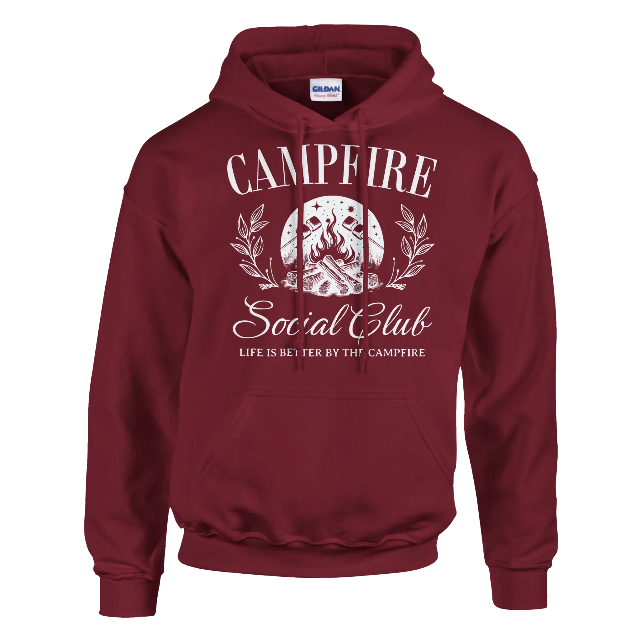 Maroon Campfire Social Club cozy hoodie with campfire graphic and front pouch pocket