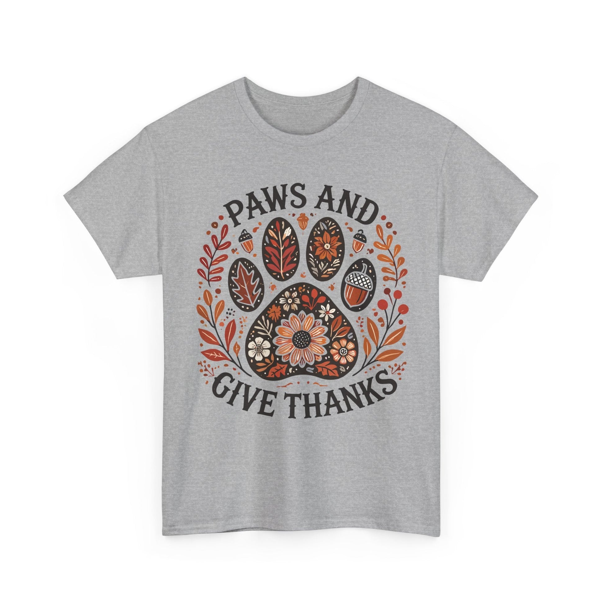 Grey t-shirt with autumn-themed paw print and "Paws and Give Thanks" text design