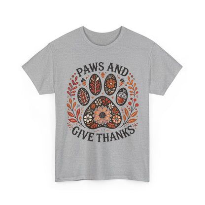 Grey t-shirt with autumn-themed paw print and "Paws and Give Thanks" text design