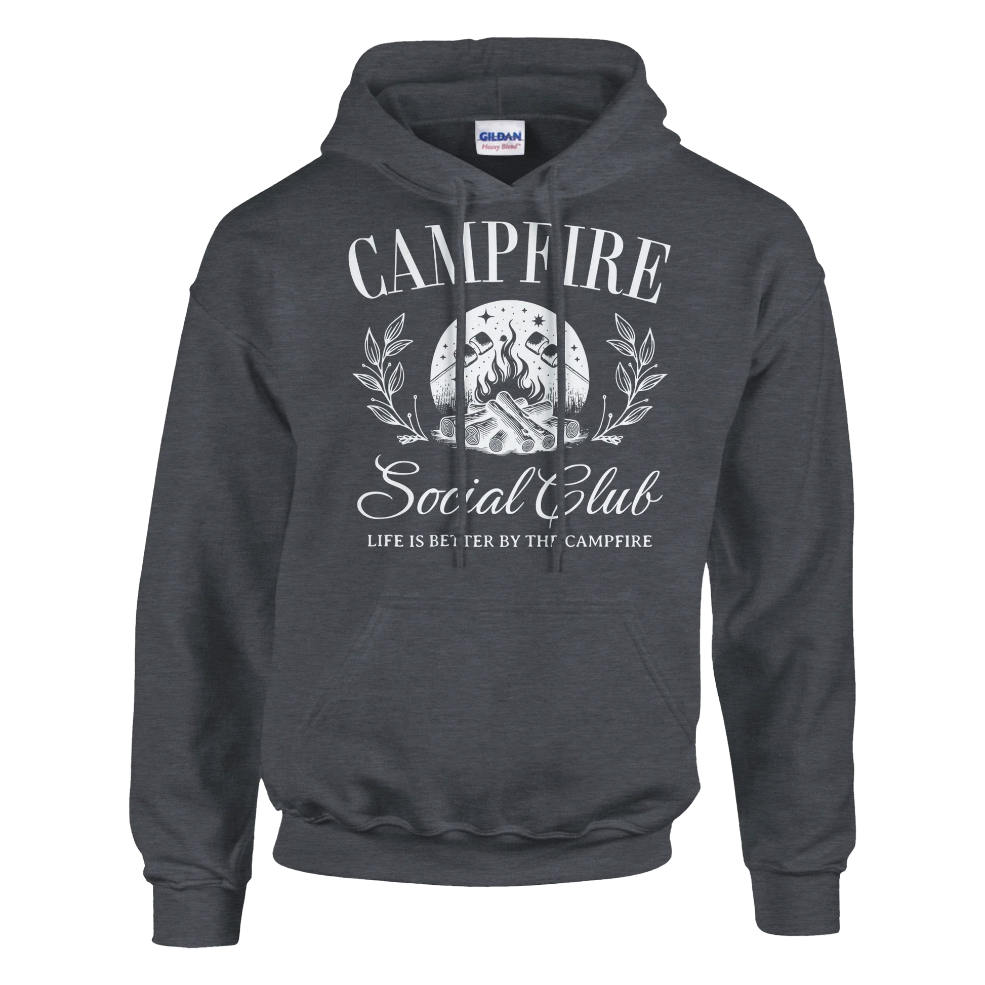 Dark gray Campfire Social Club cozy hoodie with campfire graphic and double-lined hood