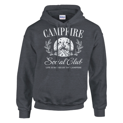 Dark gray Campfire Social Club cozy hoodie with campfire graphic and double-lined hood