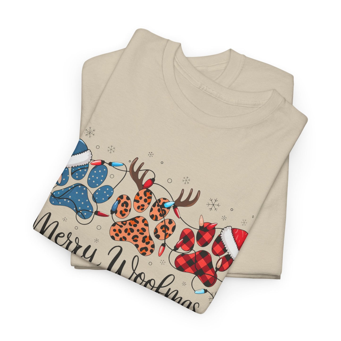 Merry Woofmas Christmas tee with festive paw prints, buffalo plaid, leopard spots, Santa hats, and holiday lights on beige unisex heavyweight cotton shirt