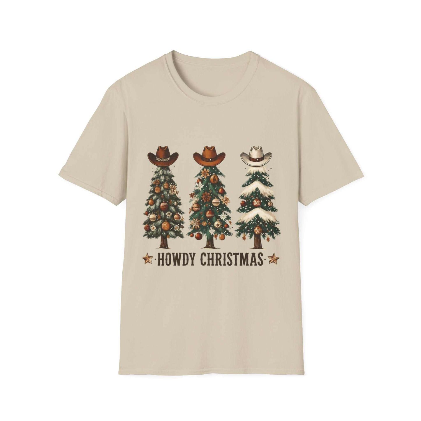 Howdy Christmas Cowboy Tree T-shirt with three decorated Christmas trees topped with cowboy hats on beige background