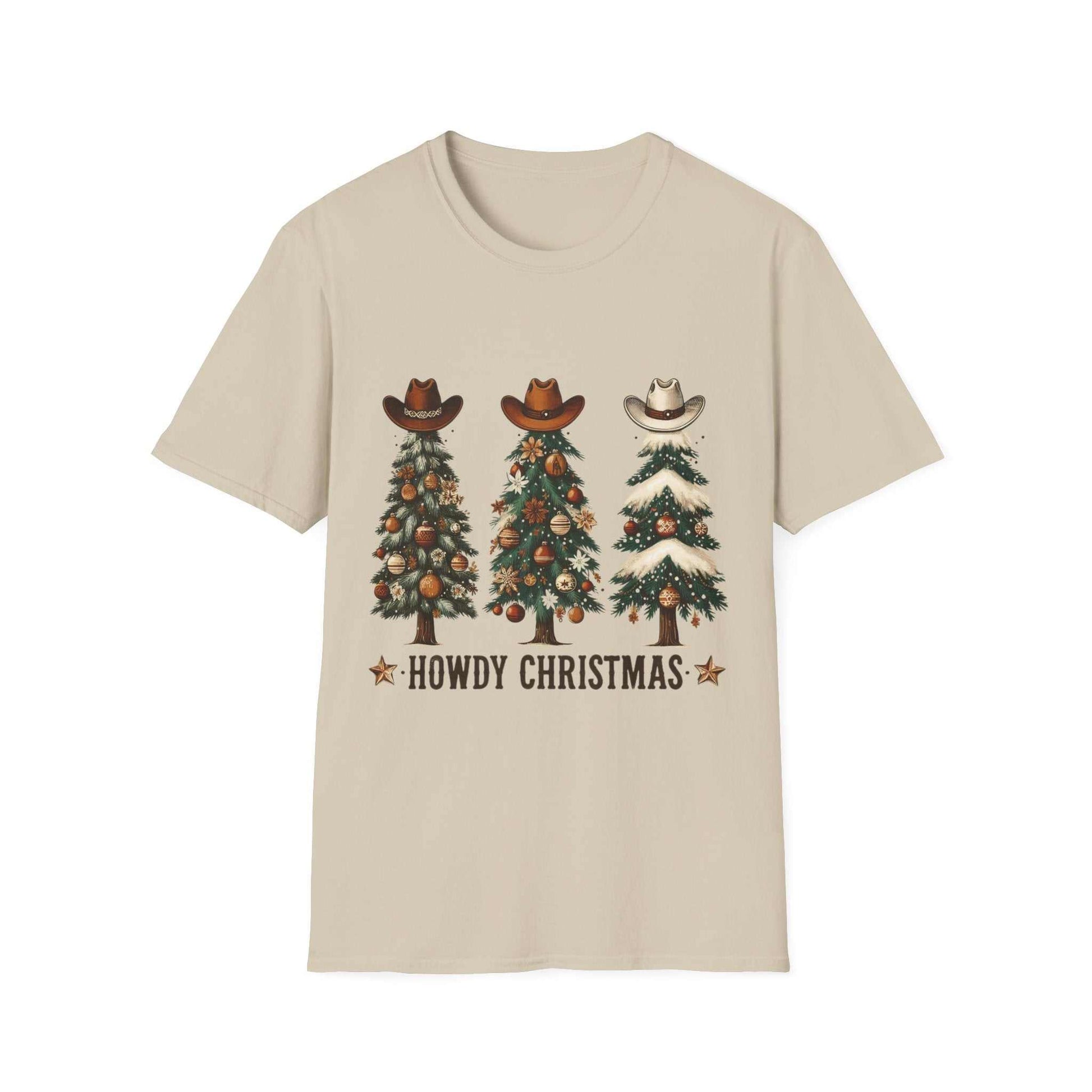 Howdy Christmas Cowboy Tree T-shirt with three decorated Christmas trees topped with cowboy hats on beige background