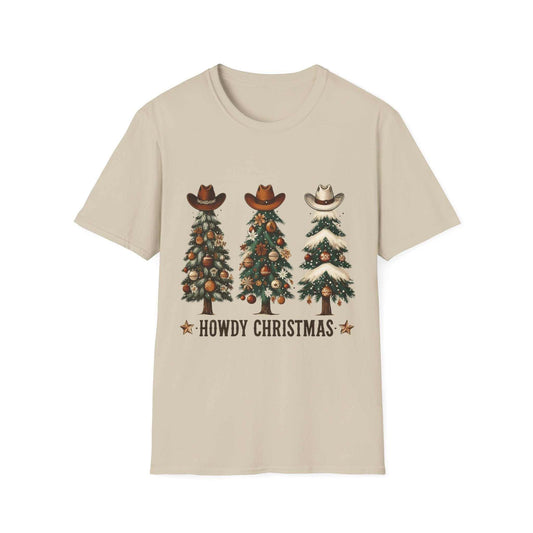 Howdy Christmas Cowboy Tree T-shirt with three decorated Christmas trees topped with cowboy hats on beige background
