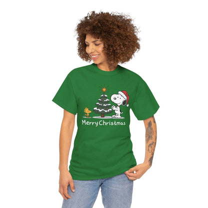Woman wearing green Snoopy & Woodstock Merry Christmas holiday t-shirt with festive graphic