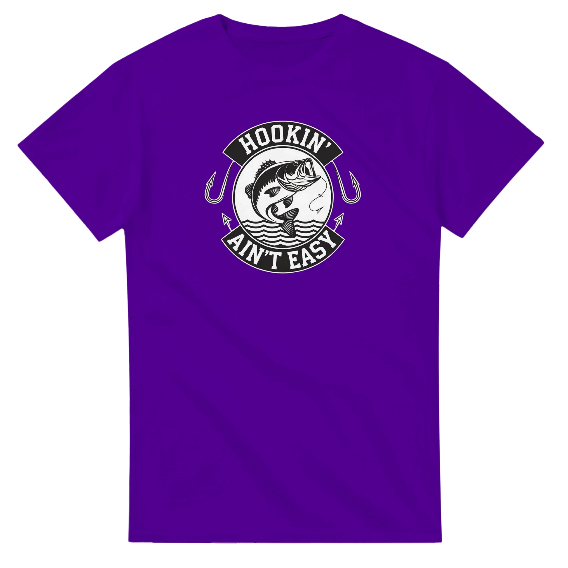 Purple Hookin' Ain't Easy T-Shirt with fishing graphic and humorous slogan