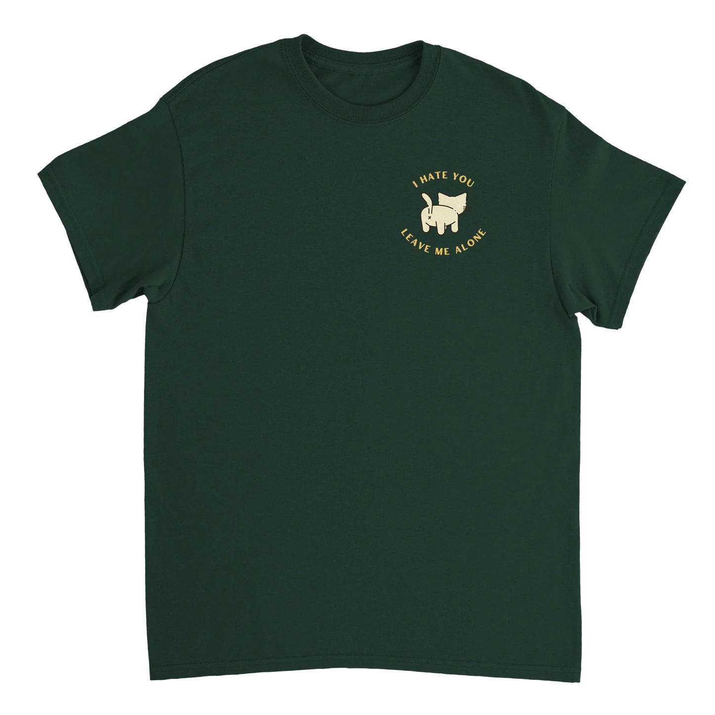 Dark green Stay Away Cat T-Shirt with playful cat behind graphic and sassy sayings on front and back.