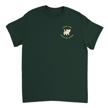 Dark green Stay Away Cat T-Shirt with playful cat behind graphic and sassy sayings on front and back.