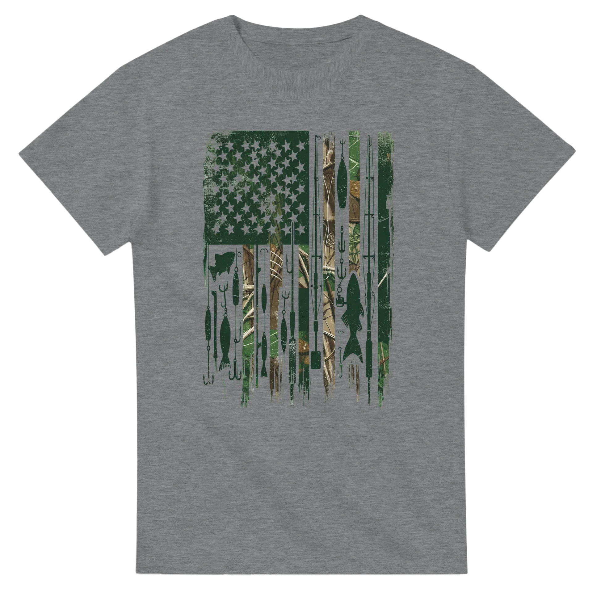 Gray Patriotic Fishing T-Shirt with American flag design made of fishing lures and camouflage pattern