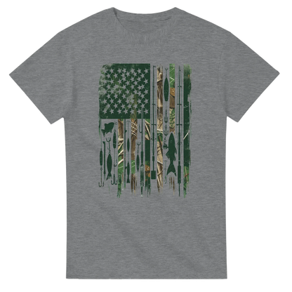 Gray Patriotic Fishing T-Shirt with American flag design made of fishing lures and camouflage pattern