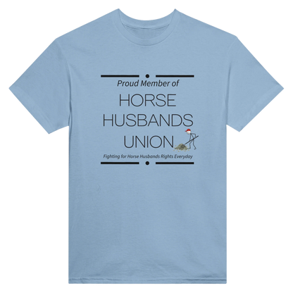 Light blue Horse Husbands Union t-shirt with humor graphic and pride text