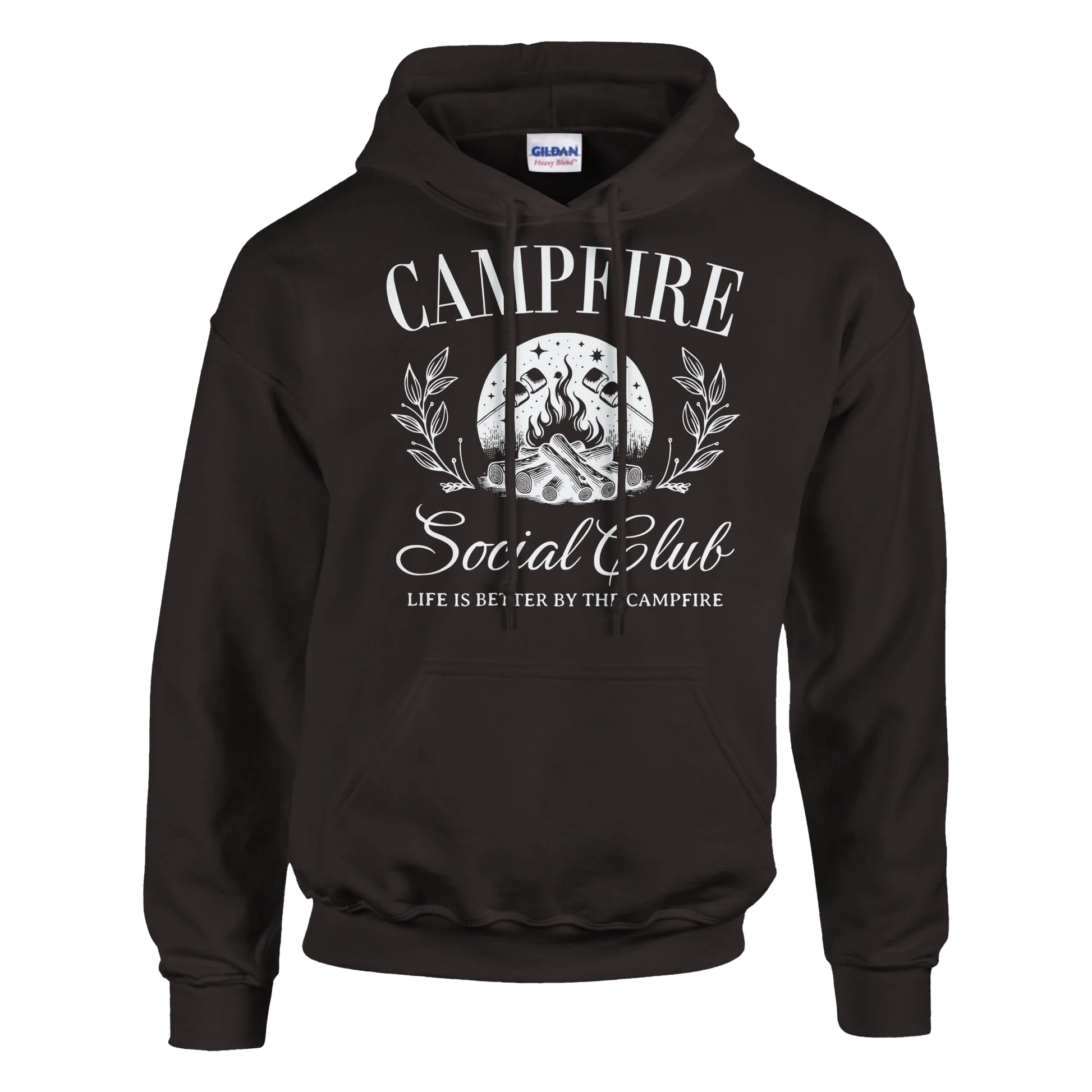 Campfire Social Club black cozy hoodie with campfire graphic and front pouch pocket