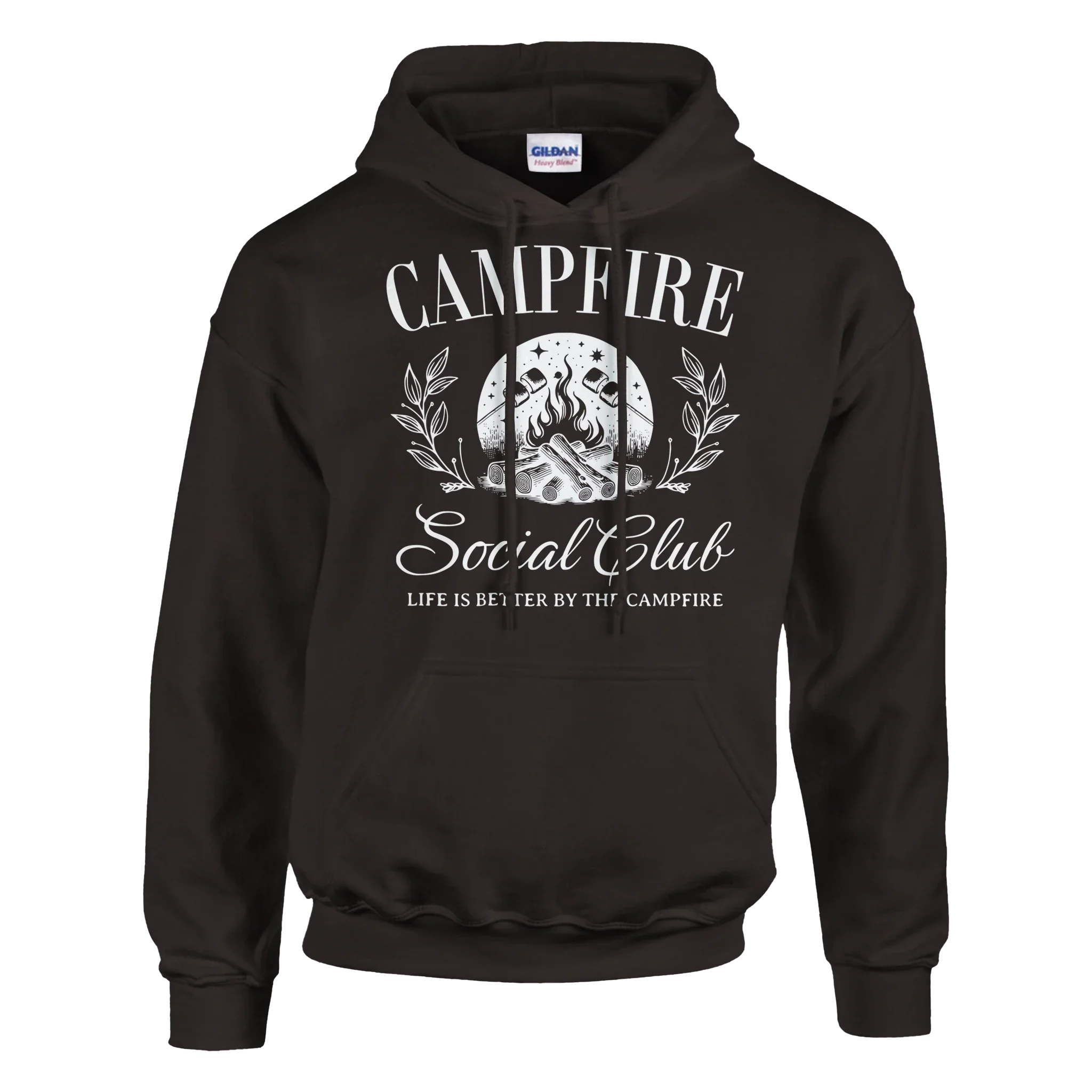 Campfire Social Club cozy black hoodie with campfire graphic and front pouch pocket