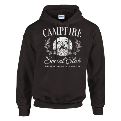 Campfire Social Club black cozy hoodie with campfire graphic and front pouch pocket