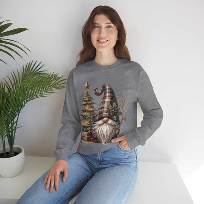 woman wearing rustic plaid Christmas gnome sweatshirt with festive holiday design