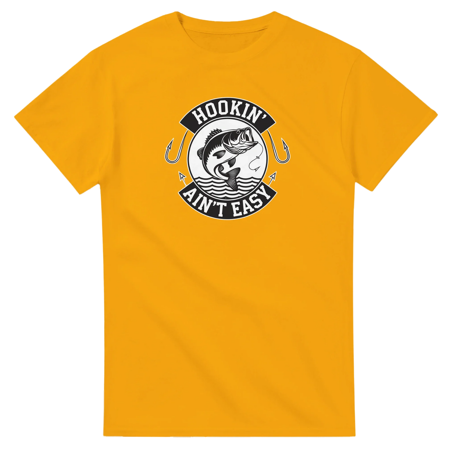 Hookin' Ain't Easy T-Shirt in yellow with fishing graphic and humorous text design