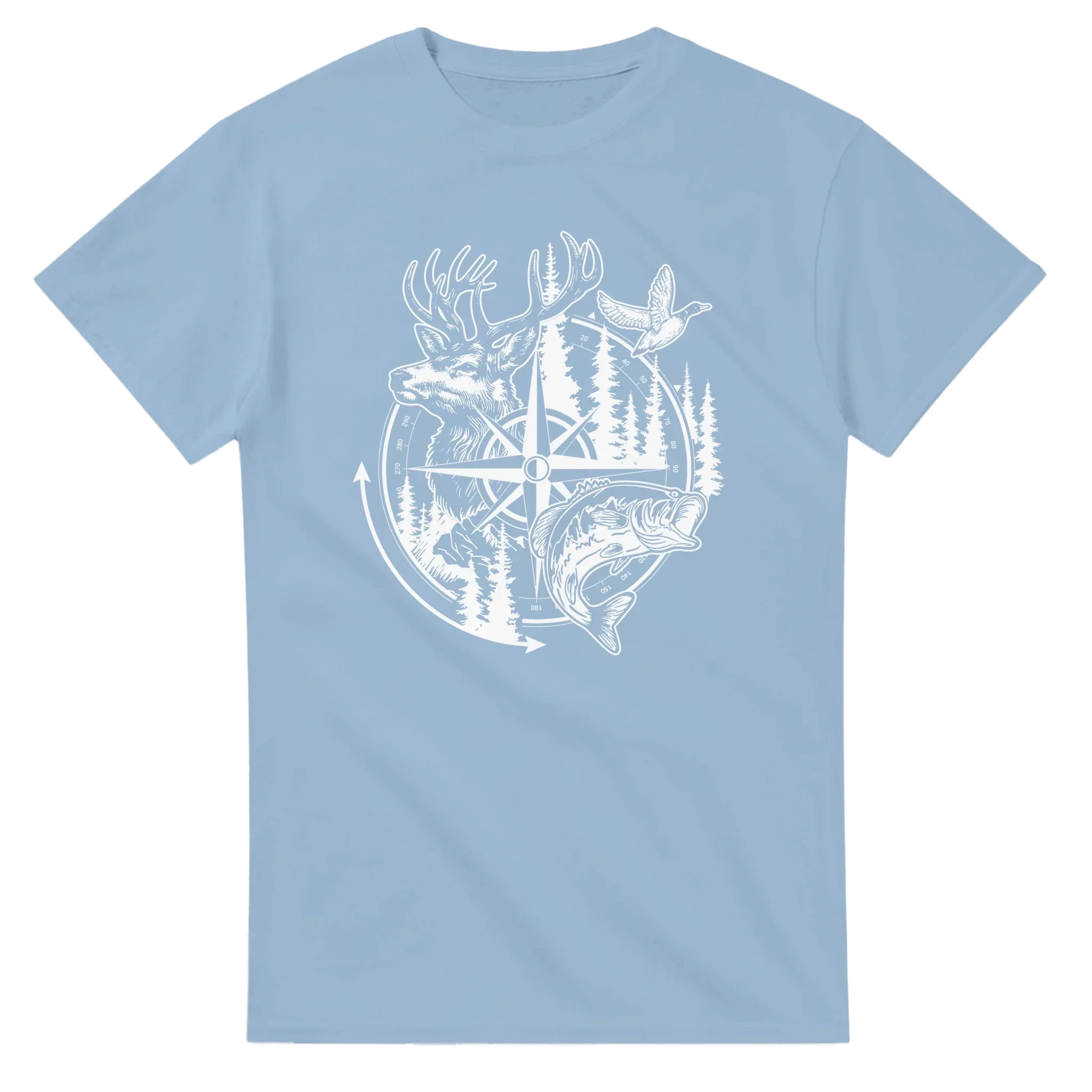 Big Buck Adventure T-Shirt in light blue with white outdoor-themed design of a deer, fish, duck, and compass