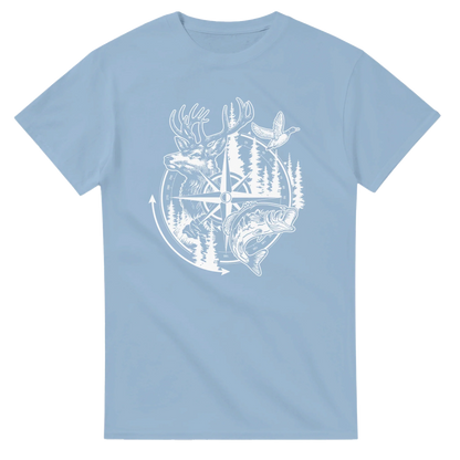 Big Buck Adventure T-Shirt in light blue with white outdoor-themed design featuring a deer, duck, bass, and compass