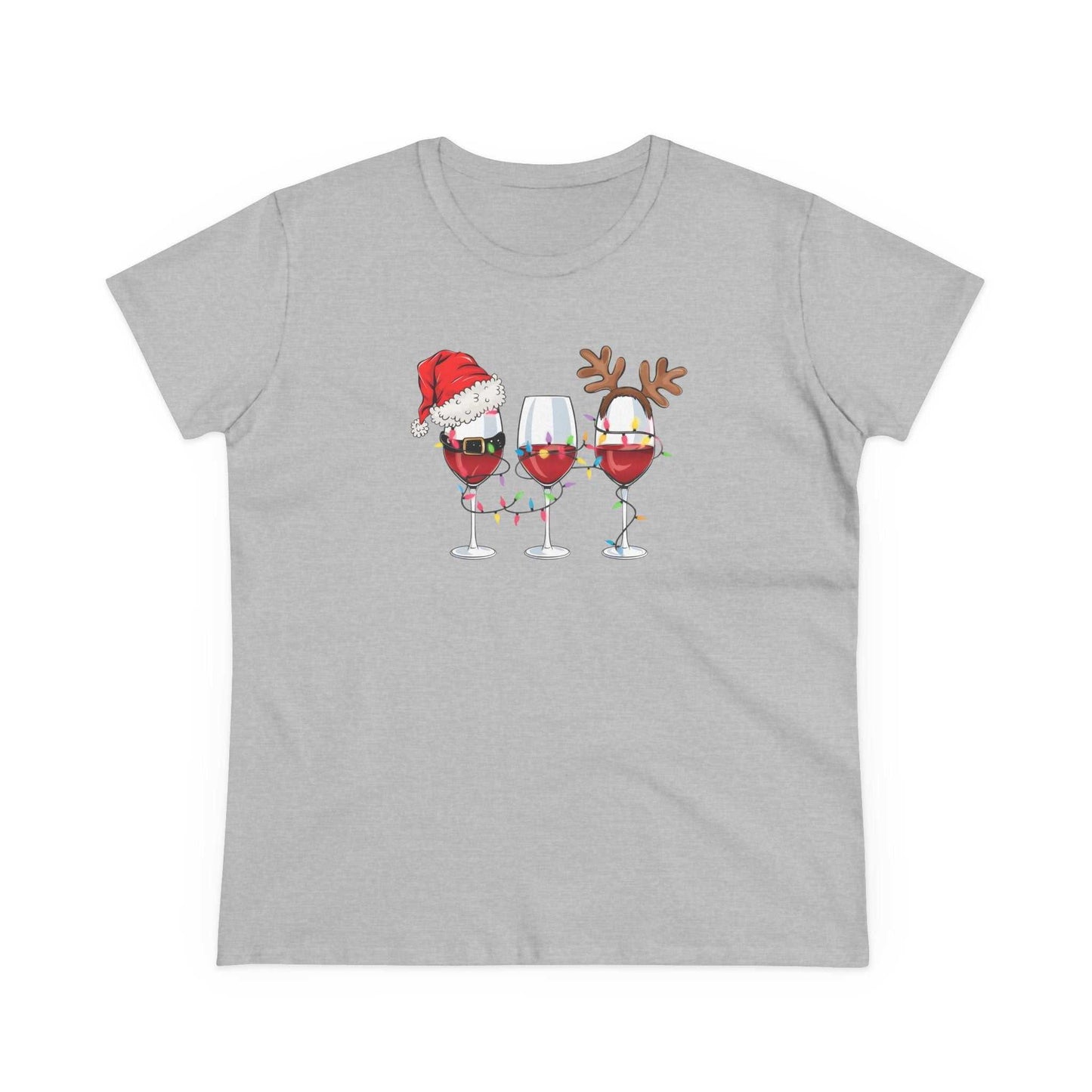 Gray t-shirt with festive wine glasses wearing Santa hat and reindeer antlers Christmas design