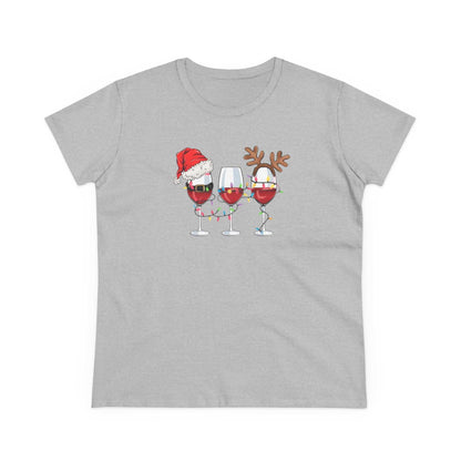Gray t-shirt with festive wine glasses wearing Santa hat and reindeer antlers Christmas design