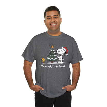 Man wearing gray Snoopy & Woodstock Merry Christmas T-shirt with Snoopy in Santa hat and decorated Christmas tree design