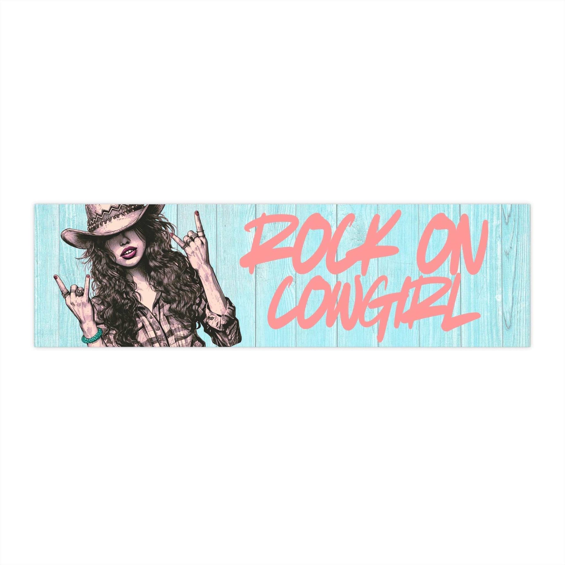 Rock On Vintage Cowgirl bumper sticker with sassy cowgirl showing rock-and-roll horns and bold pink text on blue wood background