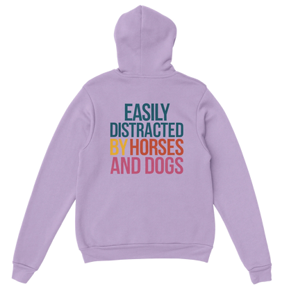 Lavender hoodie with "Easily Distracted by Horses and Dogs" text on back, soft cotton-poly blend, cozy fit