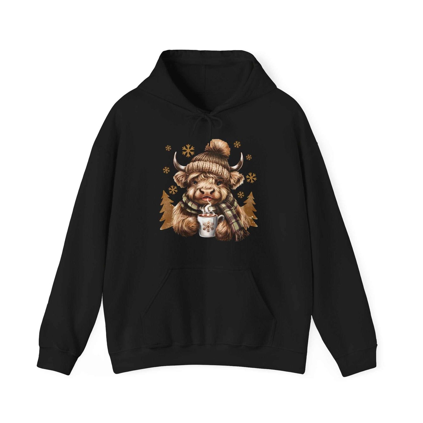 Black Highland Cow Hoodie with cozy cow in winter hat and scarf holding hot chocolate mug design