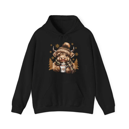 Black Highland Cow Hoodie with cozy cow in winter hat and scarf holding hot chocolate mug design