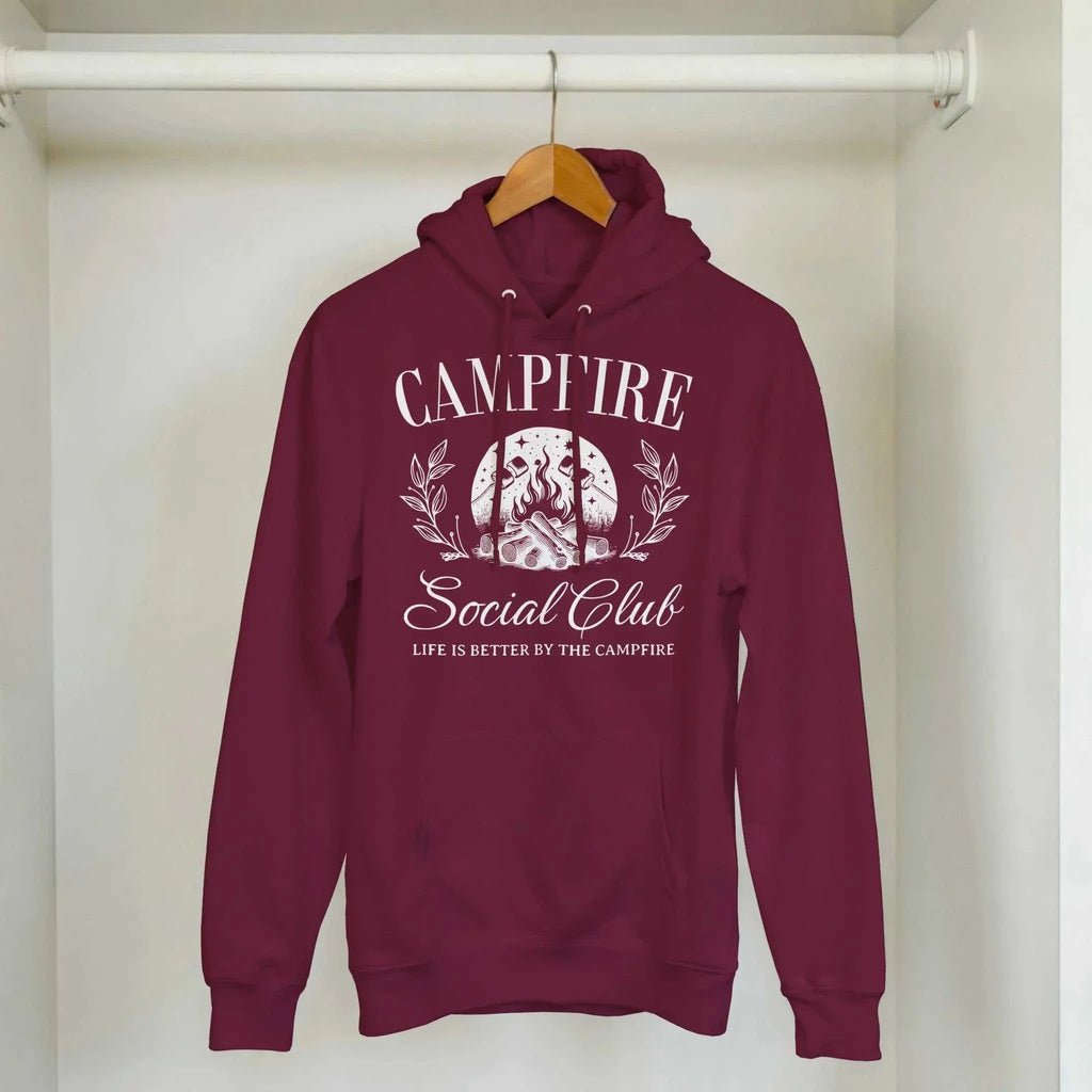 Burgundy Campfire Social Club cozy hoodie with front pouch, double-lined hood, and printed campfire design.