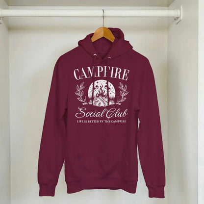 Campfire Social Club cozy hoodie in maroon with campfire graphic and front pouch pocket