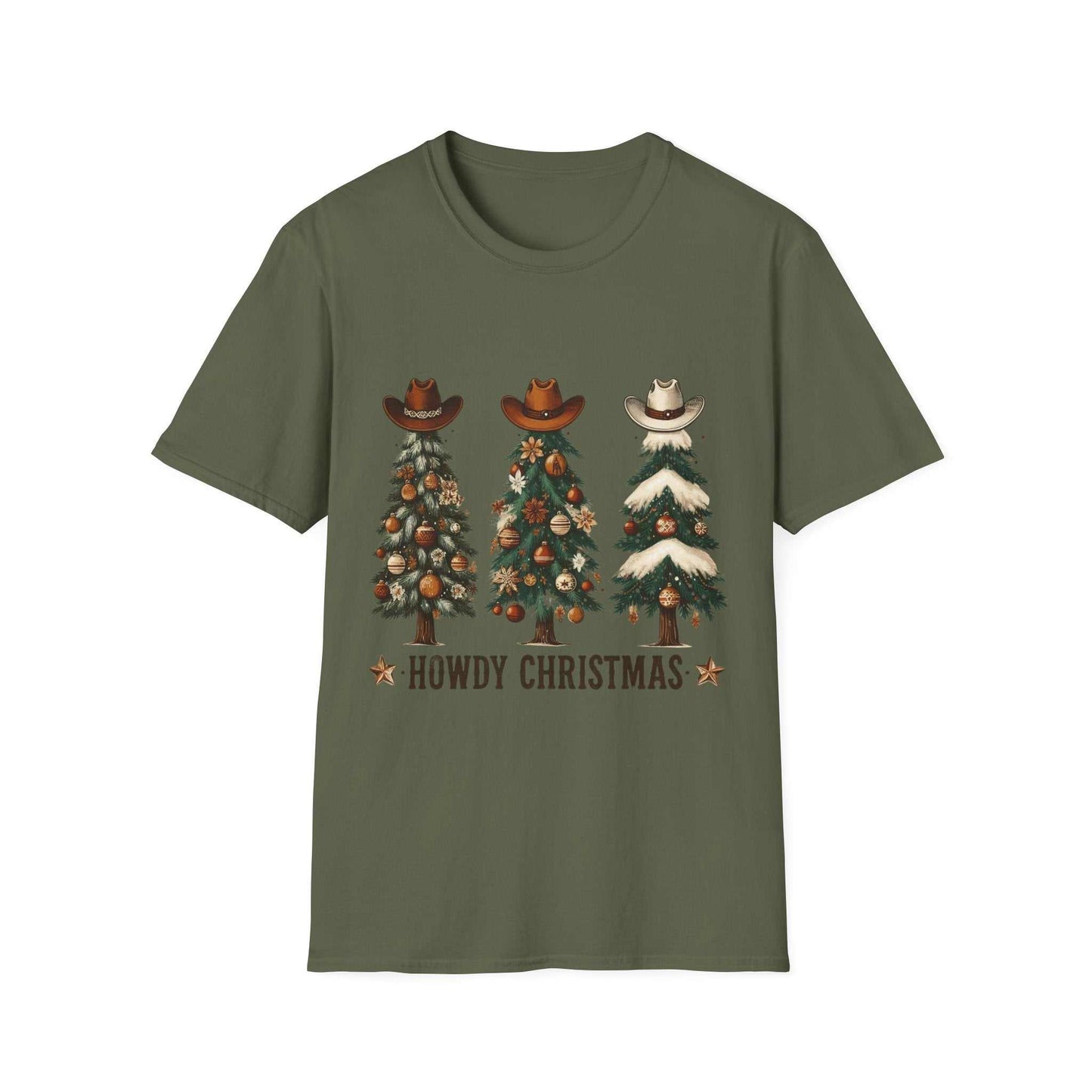 Military green Howdy Christmas Cowboy Tree T-shirt with three decorated Christmas trees topped with cowboy hats and rustic ornaments.