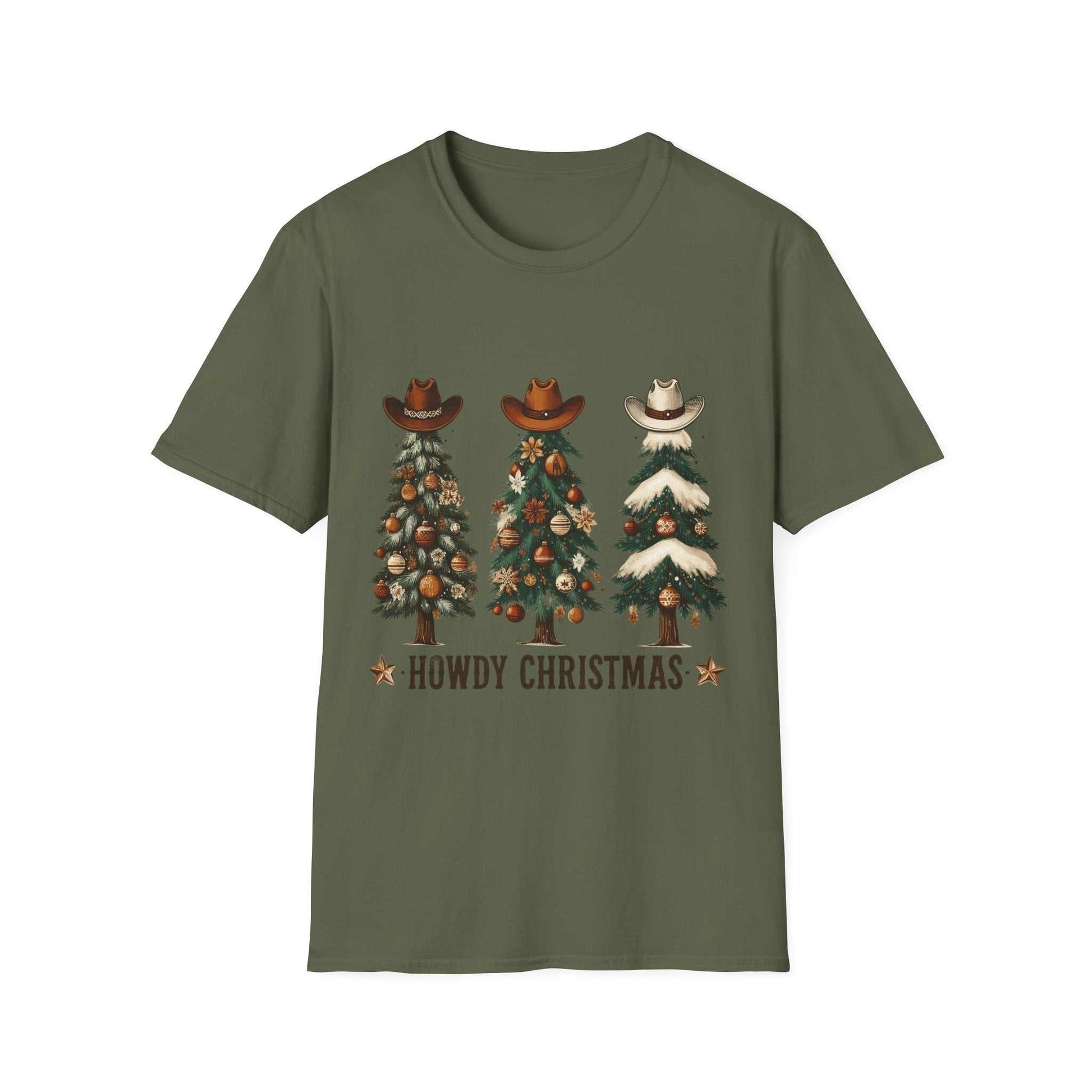 Military green Howdy Christmas Cowboy Tree T-shirt with three decorated Christmas trees topped with cowboy hats and rustic ornaments.