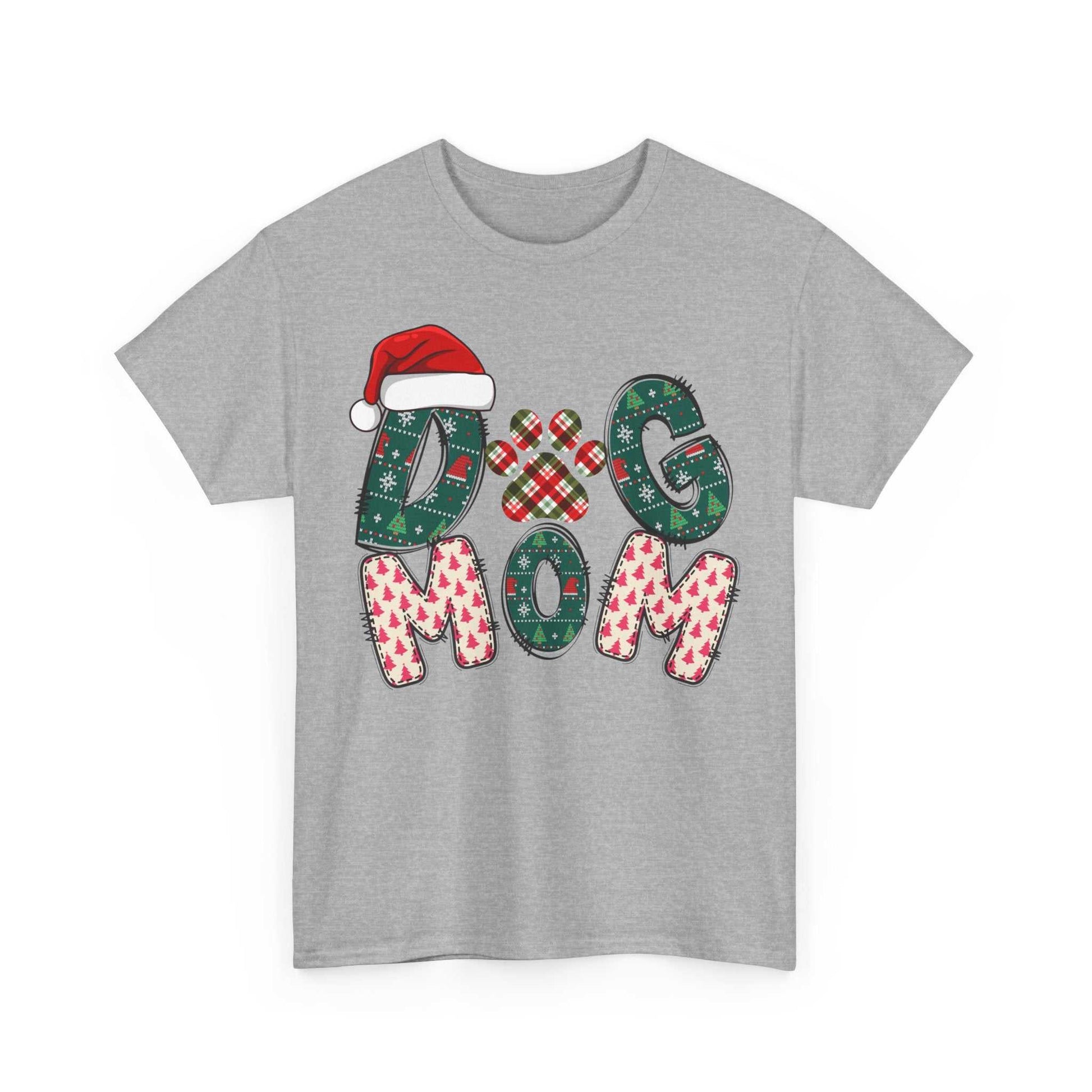 Grey Christmas Dog Mom Tee with festive patterned letters and Santa hat design