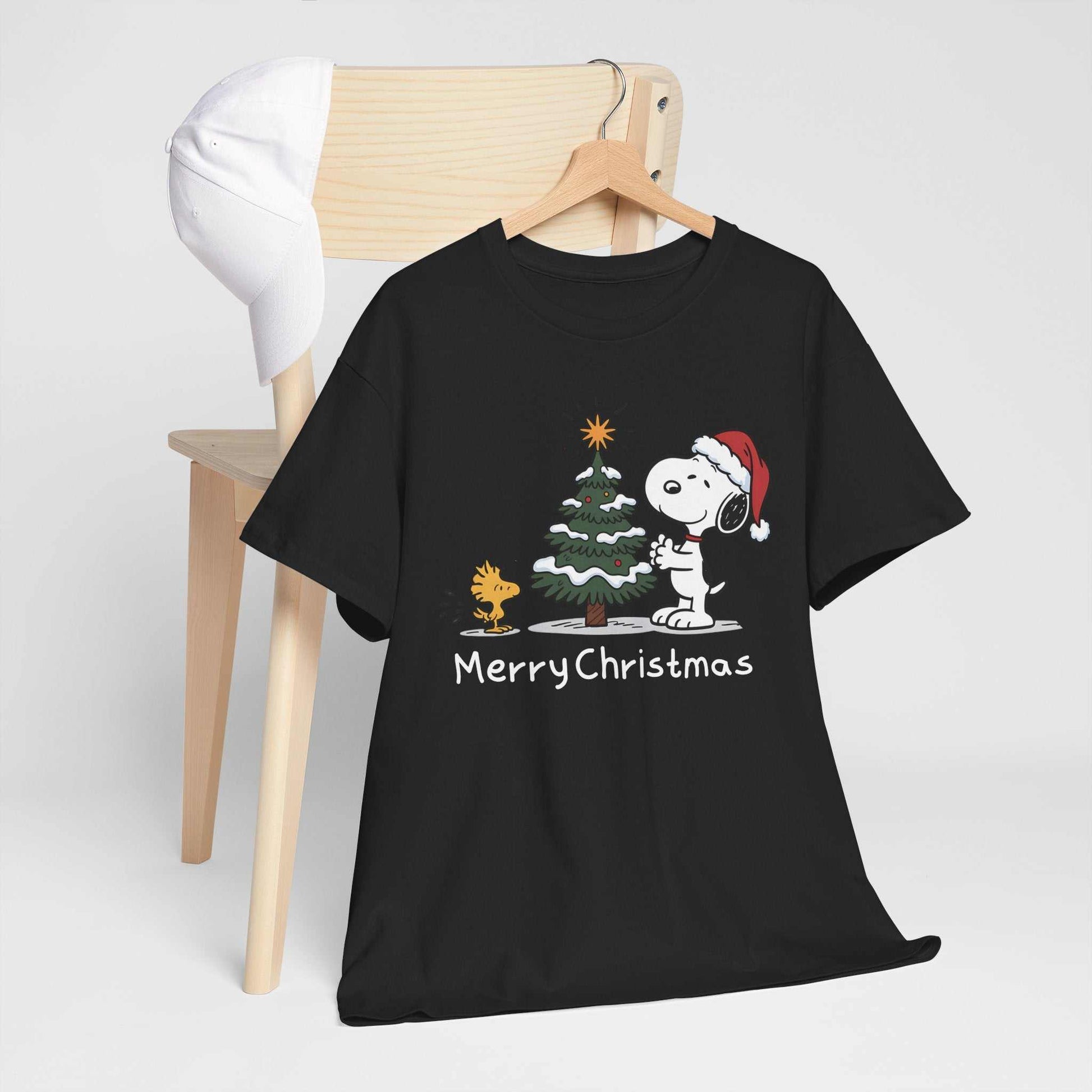 Black Snoopy & Woodstock Merry Christmas T-shirt with Snoopy in Santa hat and Christmas tree design