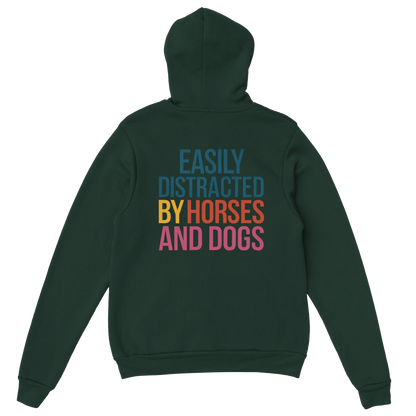 Dark green hoodie with "Easily Distracted by Horses and Dogs" text on the back in colorful letters