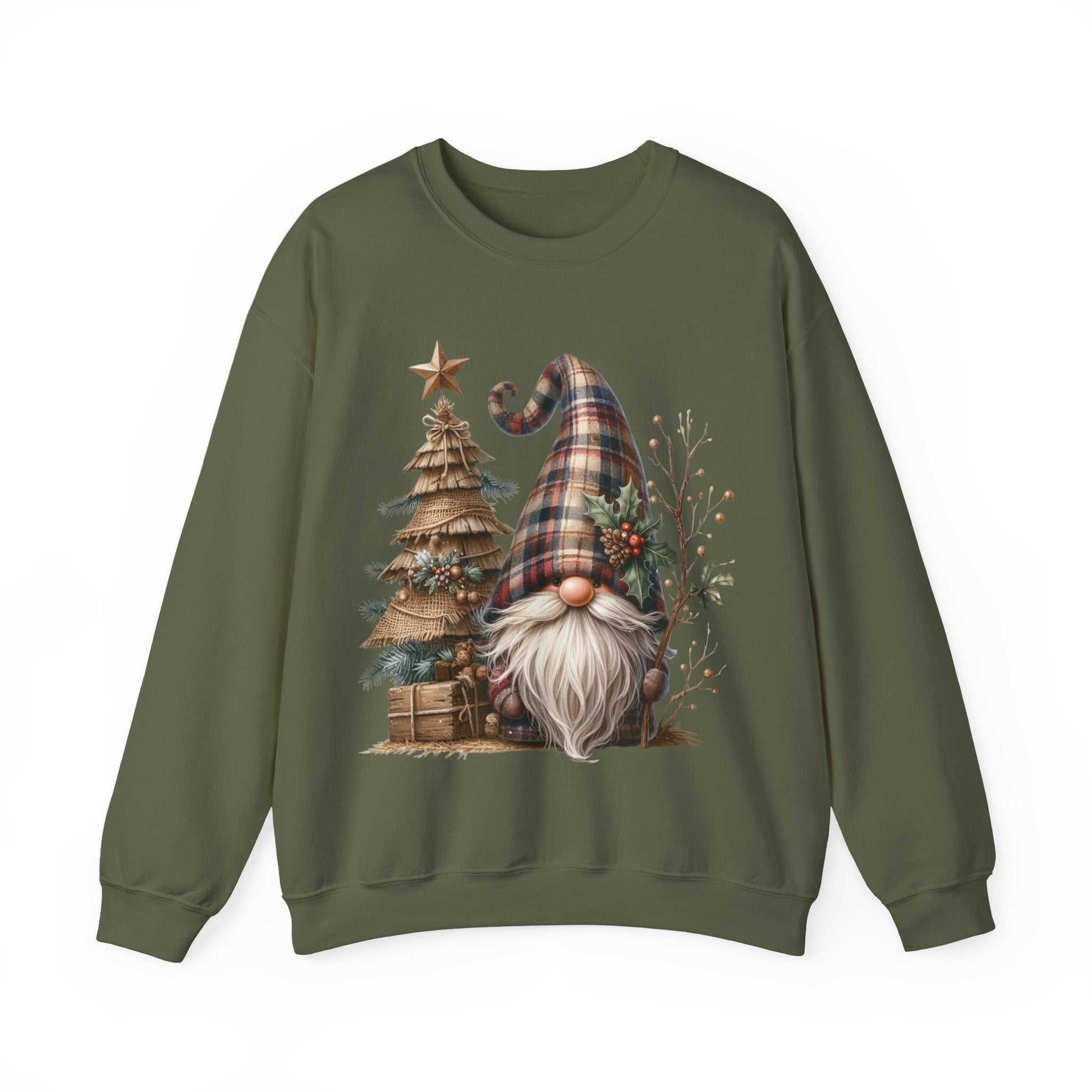 Unisex sweatshirt with rustic plaid Christmas gnome, white beard, burlap tree, and holly design on olive green background