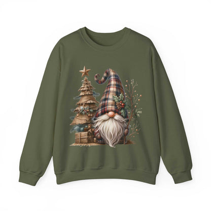 Unisex sweatshirt with rustic plaid Christmas gnome, white beard, burlap tree, and holly design on olive green background