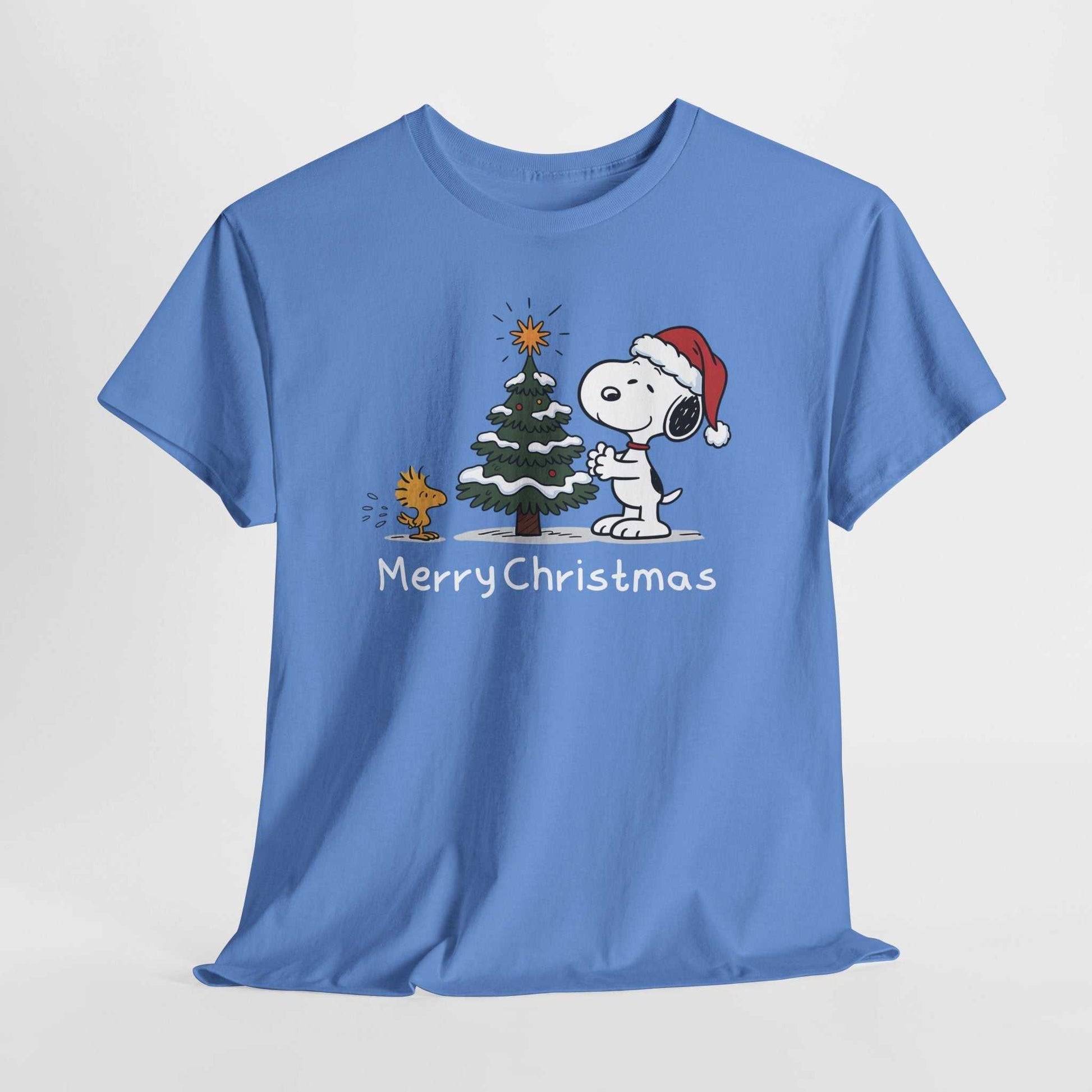 Blue Snoopy & Woodstock Merry Christmas T-shirt with Snoopy in Santa hat and Christmas tree design