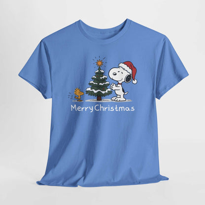 Blue Snoopy & Woodstock Merry Christmas T-shirt with Snoopy in Santa hat and Christmas tree design