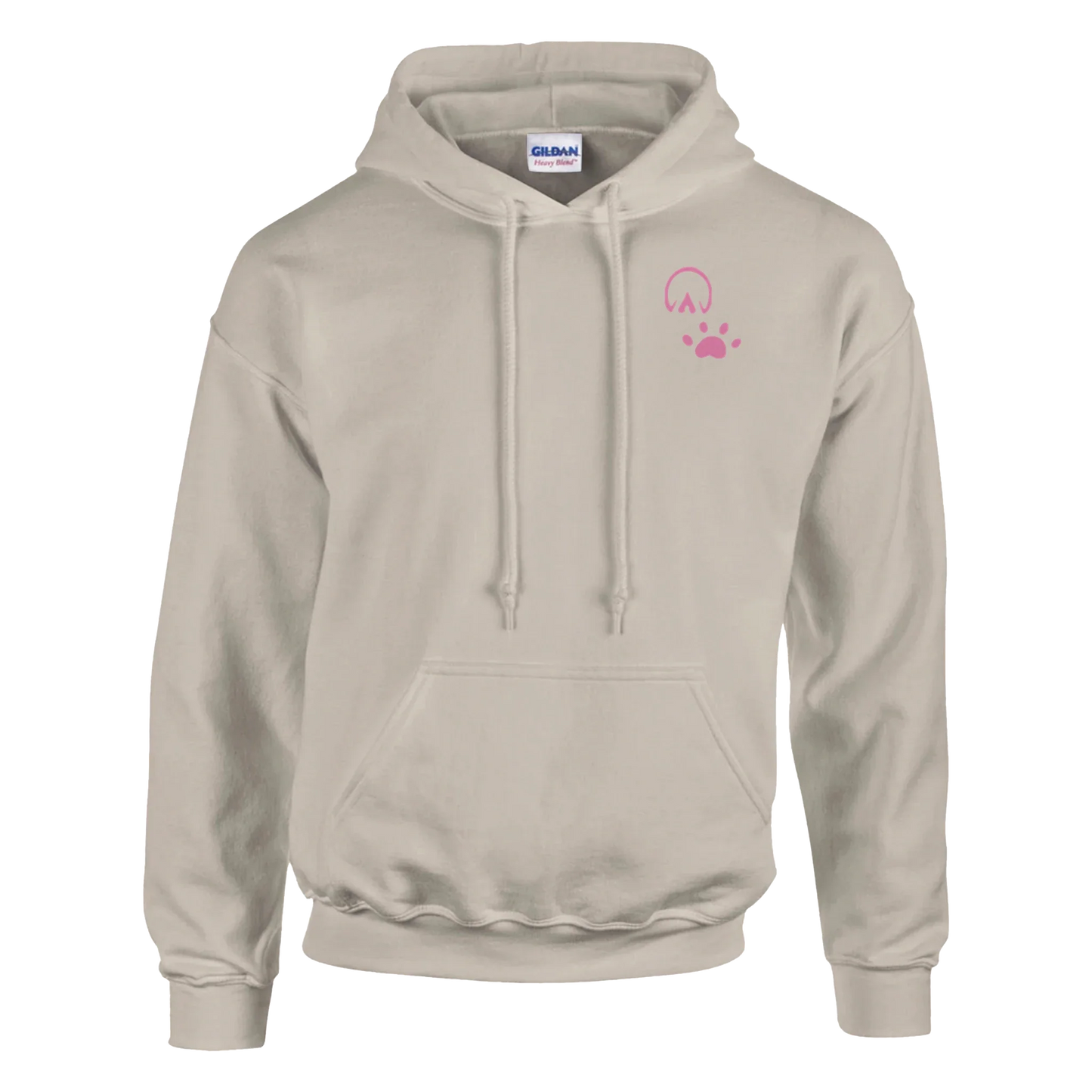 Light beige hoodie with hoof and paw print design, cotton-polyester blend, cozy double-lined hood, and front pouch pocket, Easily Distracted hoodie for horse and dog lovers.