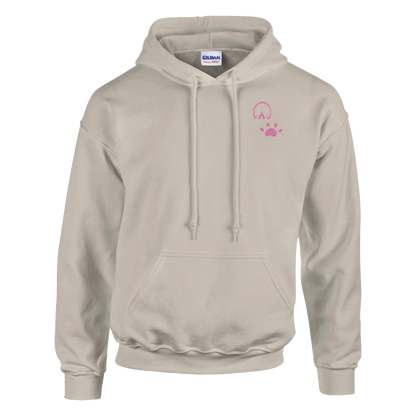 Light beige hoodie with hoof and paw print design, cotton-polyester blend, cozy double-lined hood, and front pouch pocket, Easily Distracted hoodie for horse and dog lovers.